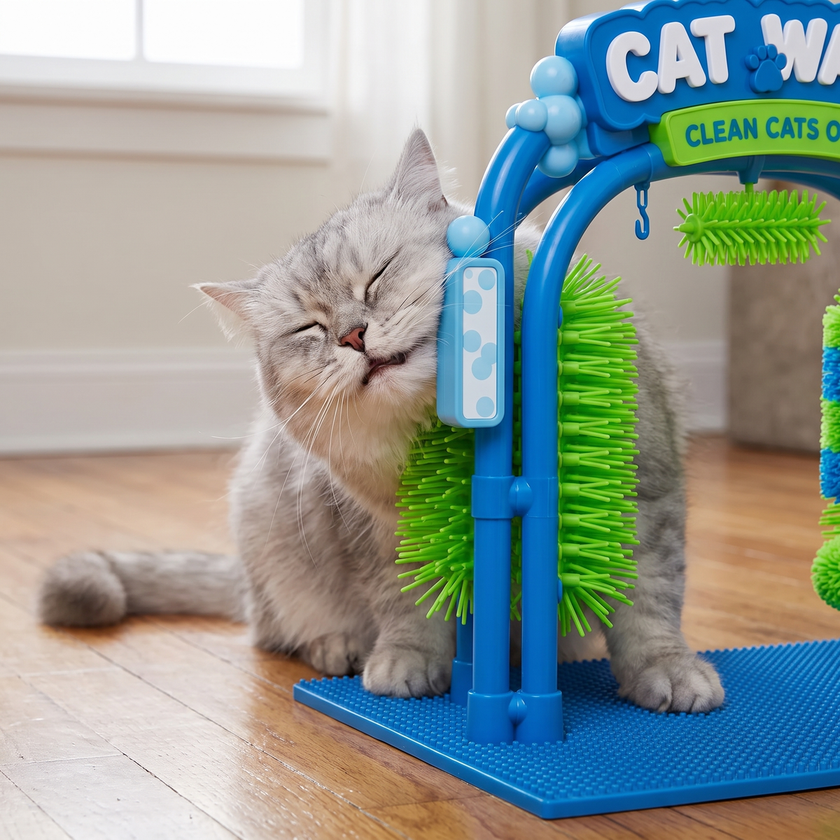 Cat happily rubbing its face on side bristles